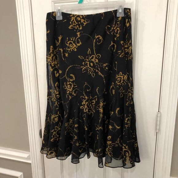 Lauren Ralph Lauren Black & Gold Floral Chiffon Circle Midi Skirt Office Size M - Picture 5 of 6